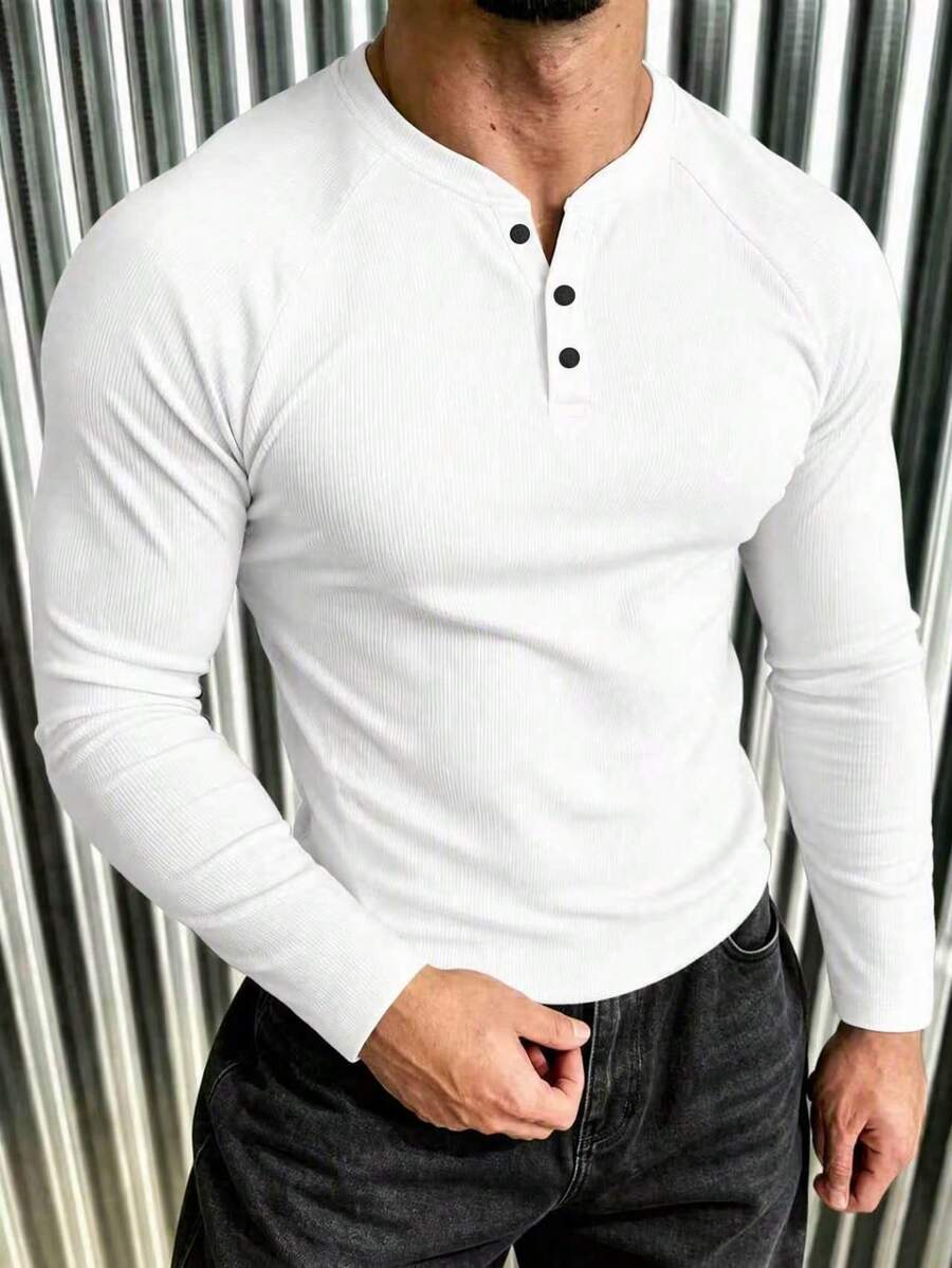 New Men's Casual Classic Ribbed Texture Raglan Sleeve Versatile Long Sleeve T-Shirt - White - View 1