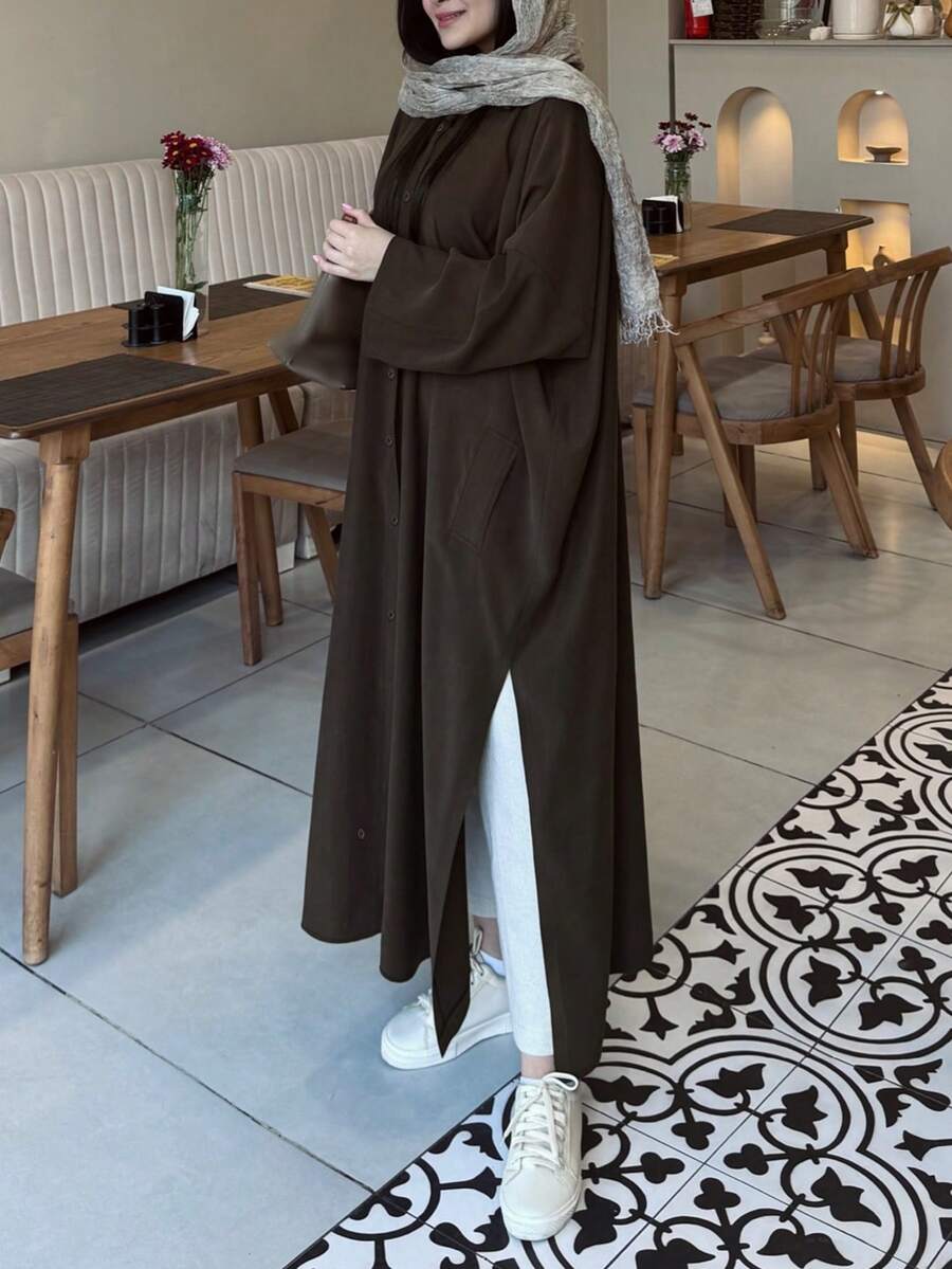 Women's Loose Casual Long Sleeve Collared Long Shirt With Front Buttons, Side Slits And Pockets, Solid Color, For Daily Wear And Dating