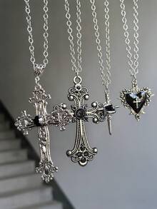 4pcs Vintage Gothic Style Alloy Carved Sword Heart Cross Necklace Suitable For Women Street Party Wear - Multicolor - View 4