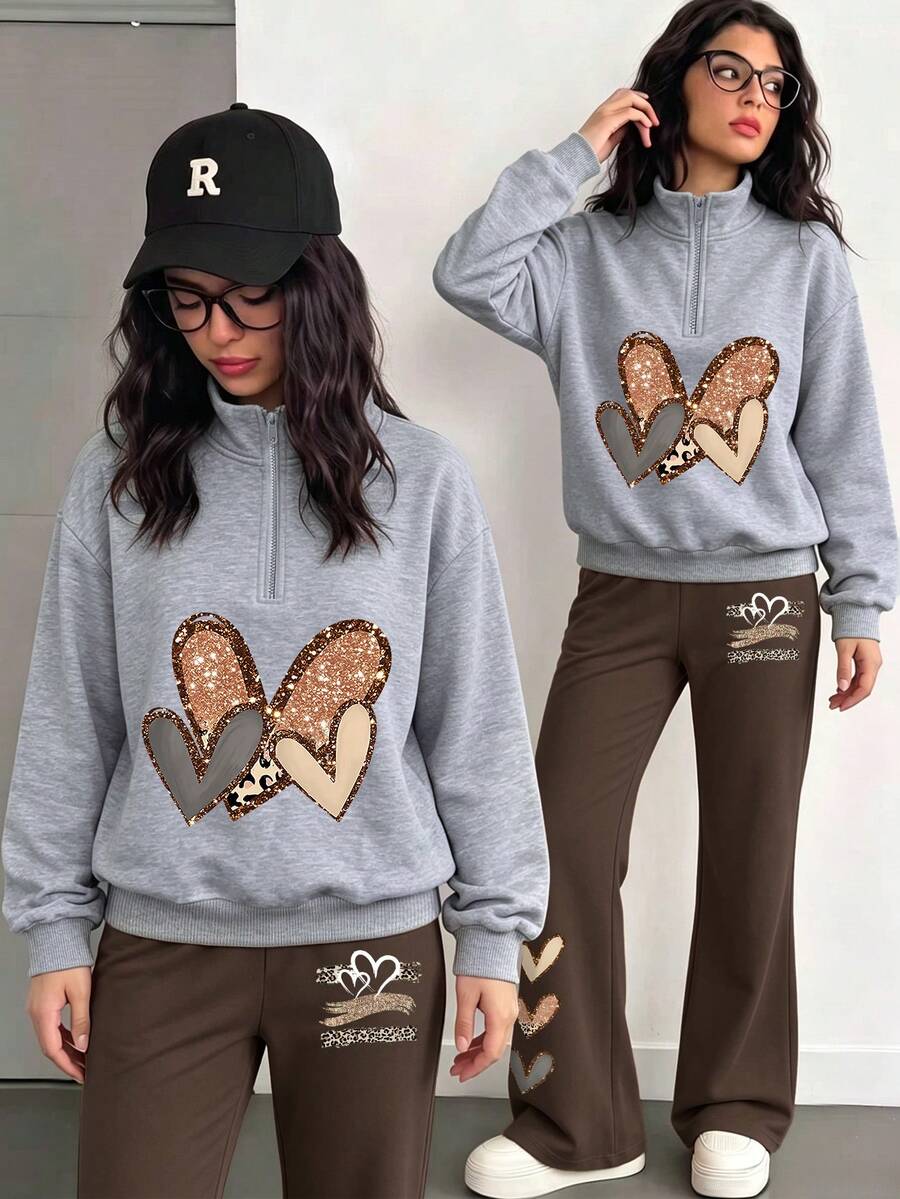 2pcs/Set Teen Girls Half-Zip Sweatshirt With Heart Print And Simple Casual Flare Pants, Autumn/Winter Fashion Outfit - Grey - View 1