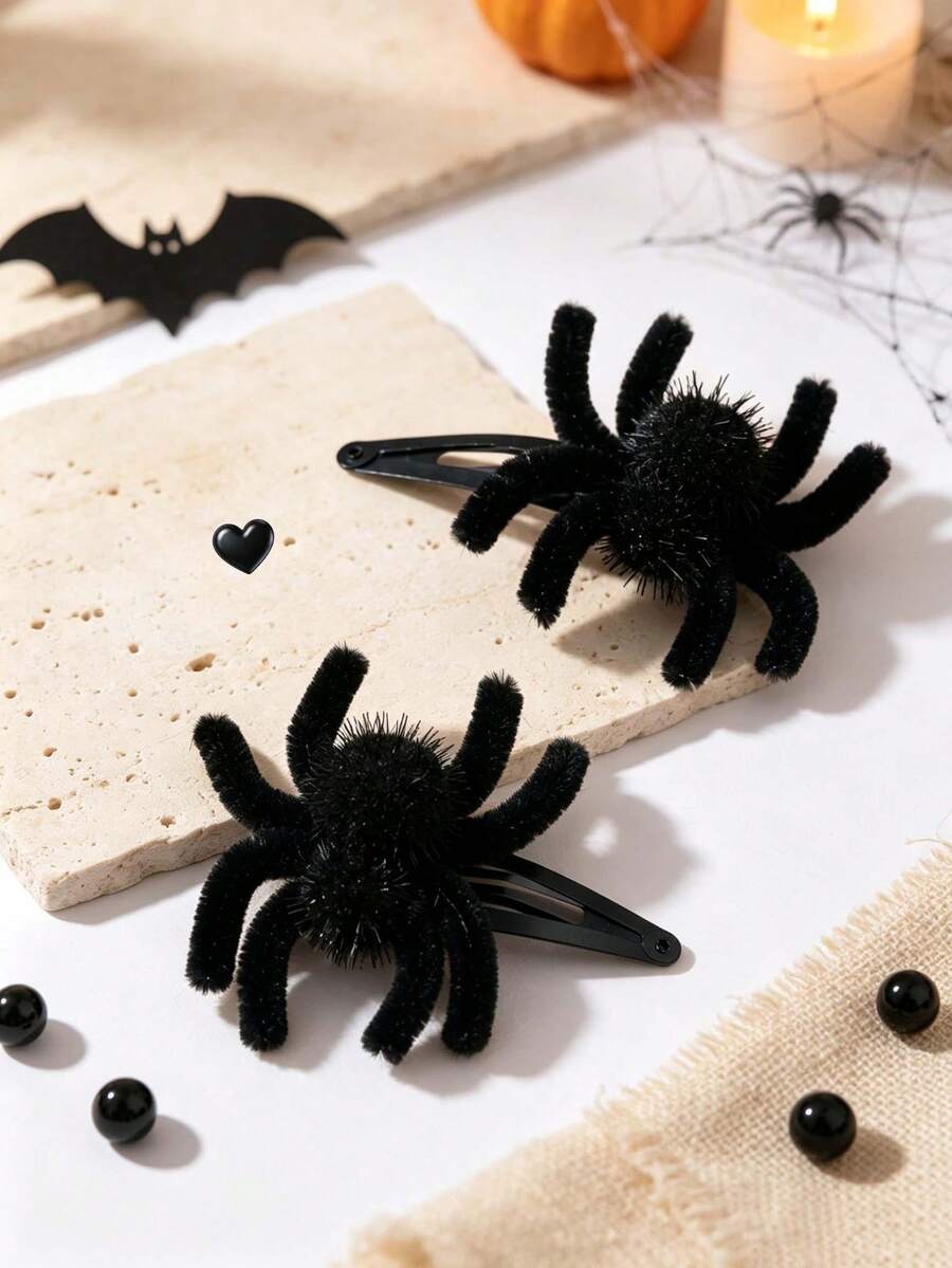 2pcs Halloween Fluffy Spider Decor Snap Hair Clips Cosplay Costume Photo Prop Party Daily Hair Clips Kids Hair Accessories - Black - View 1