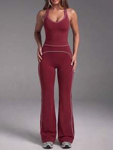 Women's Casual Contrast Racerback Sport 2 Pieces Set,Sleeveless Tank Skinny Tops,High Waist Activewear Flare Pants,For Yoga,Gym,Thanksgiving,Christmas - Burgundy - View 8