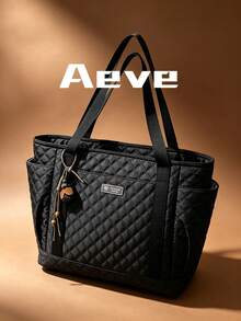 2026 Autumn/Winter New Large Capacity Padded Quilted Plaid Tote Bag, College Student Book Bag, Suitable For Shopping, Dating, Vacation, Commuting, Outdoor Travel, Mommy Bag - Black - View 5