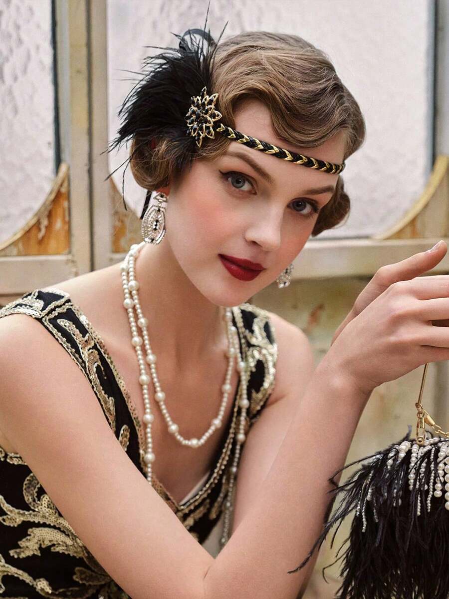 1Pc 1920s Flapper Headband Rhinestone Feather Roaring 20s Great Gatsby Headpiece Hair Accessories For Women - Multicolor - View 1