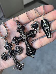 4pcs Vintage Gothic Alloy Rhinestone Cross Coffin Skull Melting Heart Necklace, Suitable For Women Street Party Wear - Multicolor - View 5