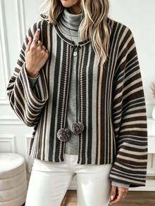Plus Size Casual Fashion Contrast Color Cape-Style Knit Cardigan With Pom Poms, Long Sleeve - Multicolor - View 4