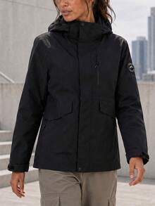 AODSR Women's Black Hooded Utility Jacket With Zippered Chest Pocket, Flap Pockets And Adjustable Cuffs For Casual Outdoor Wear - Black - View 3