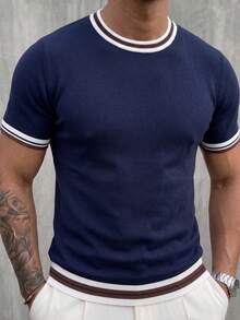 Men's Classic Colorblock Crew Neck Short Sleeve Sweater, Suitable For Summer Outings, Essential Fashion Knit Top - Navy Blue - View 9
