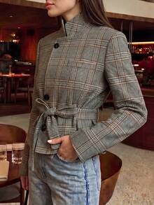 minisummer Women's Elegant Autumn Plaid Stand Collar Short Jacket, Front Button Long Sleeve Coat With Self-Tie Waist And Ruffle Hem, Slim Fit - Multicolor - View 9