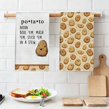 2pcs Funny Potato Text Cute Food Theme Pattern Kitchen Towels, 40*60cm Soft Microfiber Material Tea Towels, Suitable For Home Kitchen Restaurant Outdoor Camping Tabletop Cleaning Dish Cloth Hand Towel Accessories, Home Kitchen Towels Holiday Gift - Multicolor - View 2