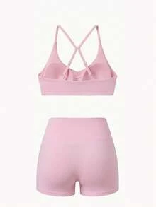 Women's Casual Sports 2 Pieces Set, Ruched Bust Cross Back Sleeveless Top, Ruched Waist Butt-Lifting Tight Shorts, Suitable For Yoga, Daily Wear - Pink - View 5