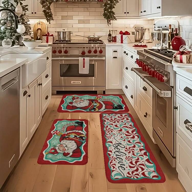 1/2/3pcs Christmas Theme Kitchen Rug, Flannel Kitchen Mat, Soft Comfortable Absorbent Non-Slip Machine Washable With Backing, Suitable For Multiple Scenes Entrance Living Room Bedroom Kitchen Dining Room Bathroom Laundry Room Hallway, Christmas Holiday Home Decor Floor Mat - Multicolor - View 5