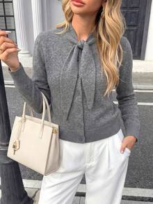 Women's Fashion Grey Knitted Cardigan Sweater With Bow Decor, Long Sleeve Button-Up Top, Suitable For Autumn And Spring - Grey - View 5