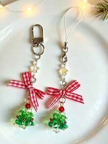 New Christmas Tree Phone Lanyard Crystal Beads Red Plaid Bow Keychain Christmas Gift Bag Charm - Multicolor - View 6