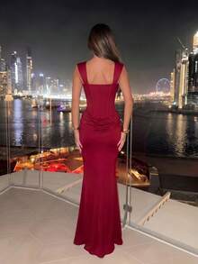 Women's Sleeveless Backless Draped Mermaid Dress With Back Tie Design, Perfect For Formal Occasions And Parties - Burgundy - View 6