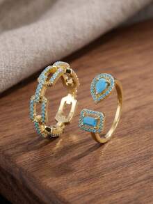 2pcs Fashion Water Drop Square Hollow Lock Ring Asymmetrical Open Blue Turquoise Ring Set - Style 8 - View 7