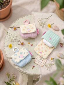 1Pc Cute Floral Corduroy Earbud Case Cover, Quilted Soft Pouch With Keychain Ring, Portable Protective Storage Bag For Wireless Bluetooth Earphones - Multicolor - View 4
