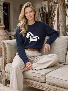 NiceArt Women's Cute Horse Pattern Jacquard Knit Sweater, Round Neck Drop Shoulder Long Sleeve Loose Fit, Vintage Fashion, Suitable For Autumn/Winter Daily Wear - Navy Blue - View 3
