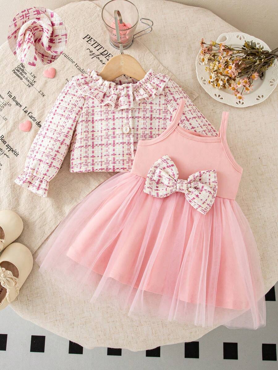 Autumn/Winter Baby Girl Cute Pink Ruffle Collar Tweed Jacket Set & Sweet Bow Short Jacket & Pink Bow Mesh Princess Strap Dress Party Outfit - Pink - View 1