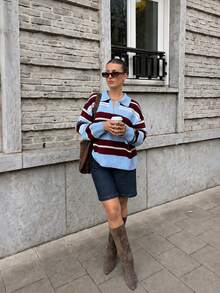 Joy Knit 女款針織毛衣 秋冬時尚新款 - 基礎上衣 - 優雅極簡休閒百搭 - 彩色條紋對比領 秋季 - 淺藍+酒紅 - 查看 3