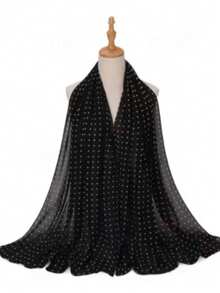 1pc Spring/Summer Casual Printed Versatile Elegant Hijab Scarf, Simple Soft Breathable Chiffon - #136 Black Polka Dots - View 2