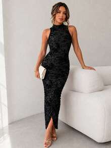 ChicMe Women Flocking Floral Mesh Midi Dress Mock Neck Sleeveless Ruched Bodycon Dress Sheer Overlay Cocktail Party Dresses - Black - View 4