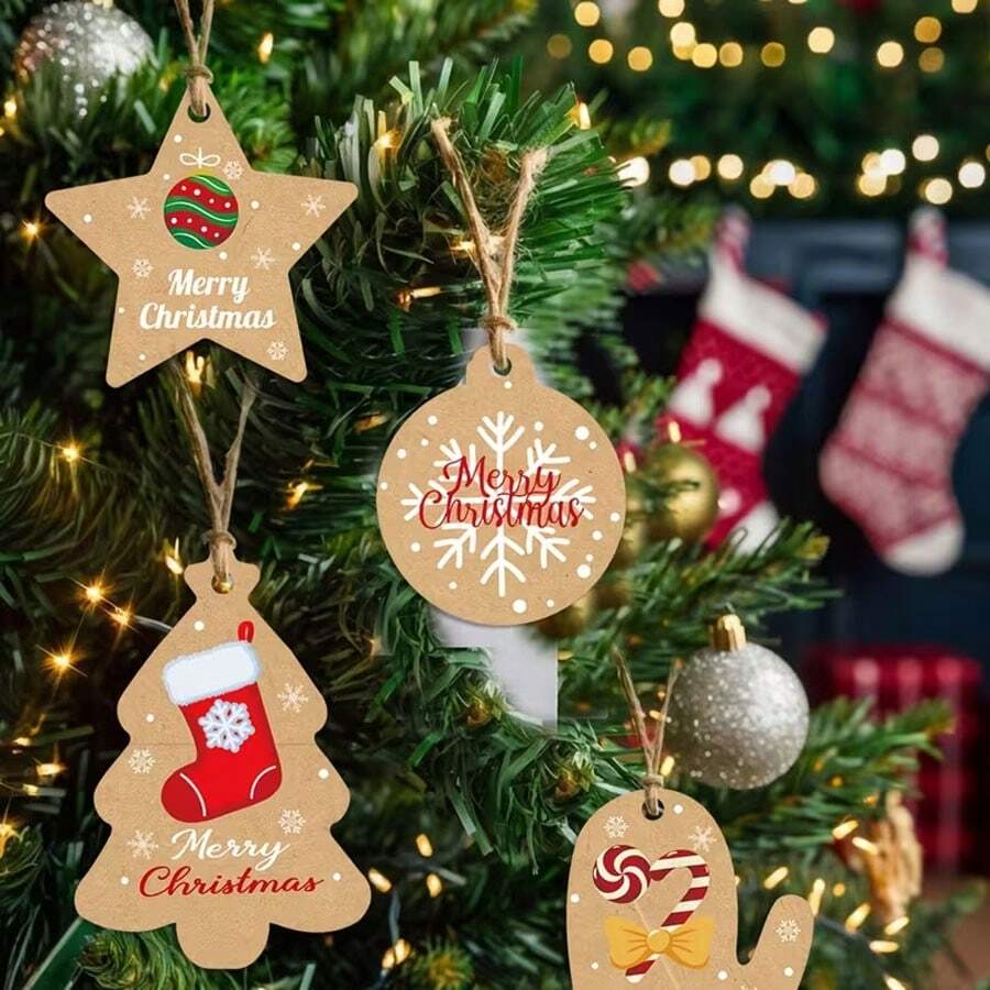100pcs,Retro Kraft Paper Multi-Color Tree-Shaped Snowflake Walking Stick Candy Snowman Printed Christmas Gift Label, Suitable For Party Craft Name Cards, Decoration For Christmas Gift Packaging - Multiple Styles - View 1