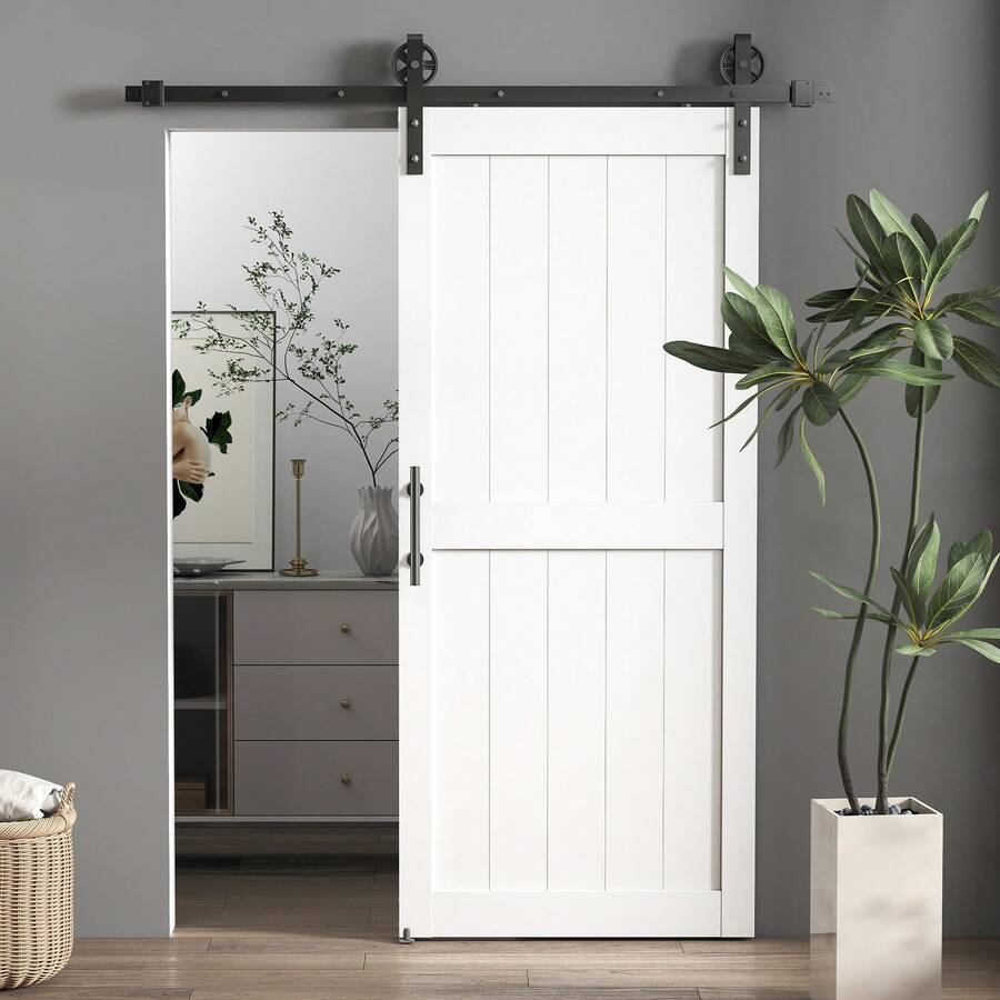 HOMCOM 36"X84" Sliding Barn Door With 6FT Sliding Door Hardware Kit & Industrial Handle, Upgraded Rollers, Floor Guide, Waterproof Plastic Surface, Pre-Drilled Easy Assembly, White