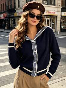 Women's Navy Collar Contrast Color Knit Cardigan, Short Length, Autumn/Winter Daily Wear - Navy Blue - View 5
