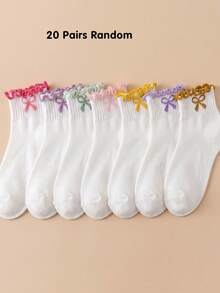 5/10/20 Pairs Random Ruffle Socks For Girls Bow Tween Girl Ankle Socks Toddler Fall Kids Socks Halloween Christmas Gift Back To School Daily Wear - Multicolor - View 5