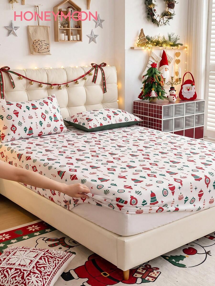 2/3pcs Christmas Ball & Bell Print Fitted Sheet Set, Mattress Protector, Mattress Cover, Suitable For Various Bed Sizes-Twin, Full, Queen, King, Fits 9-12 Inch Deep Mattresses, Machine Washable, Ideal For Home Bedding And Student Dorms - Multicolor - View 1