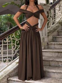Vellofy Women Fall & Winter Dark Brown Two‑Piece Maxi Outfit Halter Off‑Shoulder Twist Cutout Set For Prom Gala Banquet Vacation Cocktail Party - Dark Brown - View 10