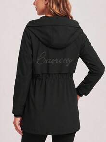 Women's Black Hooded Mid-Length Jacket With Cinched Waist, Zip Front, Flap Pockets And Contrast Tabs - Black - View 5