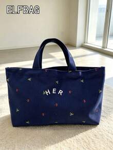 Casual Minimalist Letter Canvas Bag, Floral Pattern Handbag, Fashion Minimalist Style Women's Tote Bag, High Cost-Performance Versatile Bag Suitable For Moms With Kids, Students, Office Workers For Outings, Shopping And Street Shopping - Navy Blue - View 3