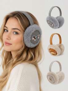 GARASSACC 1pc Women's Cute Puppy Embroidery Suede Fleece Foldable Warm Earmuffs - Multicolor - View 1