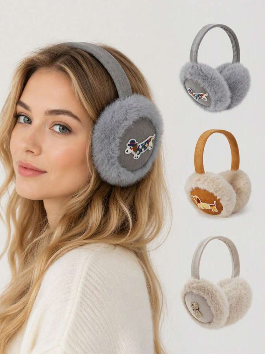 GARASSACC 1pc Women's Cute Puppy Embroidery Suede Fleece Foldable Warm Earmuffs - Multicolor - View 1