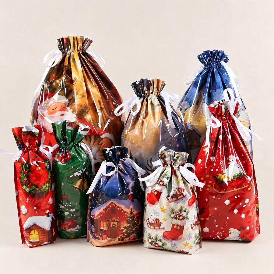 2pcs/5pcs/10pcs Multi-Color Multi-Style Drawstring Christmas Gift Bags, 3D Drawstring Bags, Extra Large Christmas Gift Packaging Bags, Wine Bottle Packaging Decorative Bags