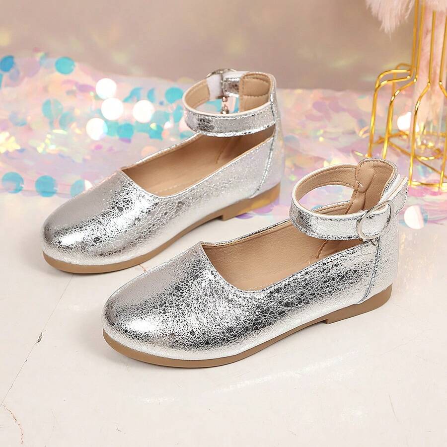 2026 Newest Girls' Shoes, Princess Style Silver Cracked Pattern Glitter Flat Shoes, Comfortable And Breathable, Suitable For School, Party, Outdoor, Wedding - Silver - View 1