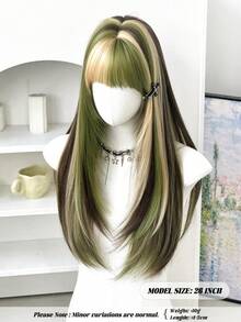 7JHH WIGS 26 Inch Green & Golden Highlight Wig With Bangs Long Layered Straight Hair Wigs For WomenNatural Looking Synthetic Heat Resistant Fiber Wig For Daily Wear, Hallowmas Party Cosplay Use - Multicolor - View 5