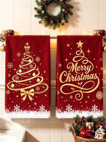 2件組聖誕紅金配色餐巾布，印有Merry Christmas文字與聖誕樹雪花圖案，紅底聖誕手巾，浴室毛巾，廚房清潔布，聖誕毛圈布，聖誕裝飾，聖誕節裝飾，假期派對餐桌裝飾，廚房與浴室裝飾，冬季居家裝飾，聖誕禮物 - 彩色 - 查看 2