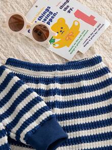 Autumn/Winter Baby Girl Blue Striped Outfit & Spring/Autumn New Round Neck Loose Top & Wide Leg Pants 2-Piece Set, Stylish Versatile Casual Outfit For - Blue - View 4