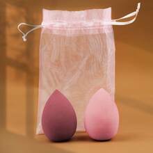 2pcs Water Drop Makeup Sponges Expand When Wet, Non-Absorbent + Convenient Mesh Storage Bag - Multicolor - View 12