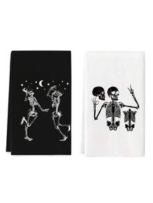 2pcs Halloween Dancing Skeleton Print Kitchen Towels, Black And White Skull Moon And Star Design Dish Cloths, Suitable For Kitchen Cleaning & Halloween Decor - Black and White - View 9