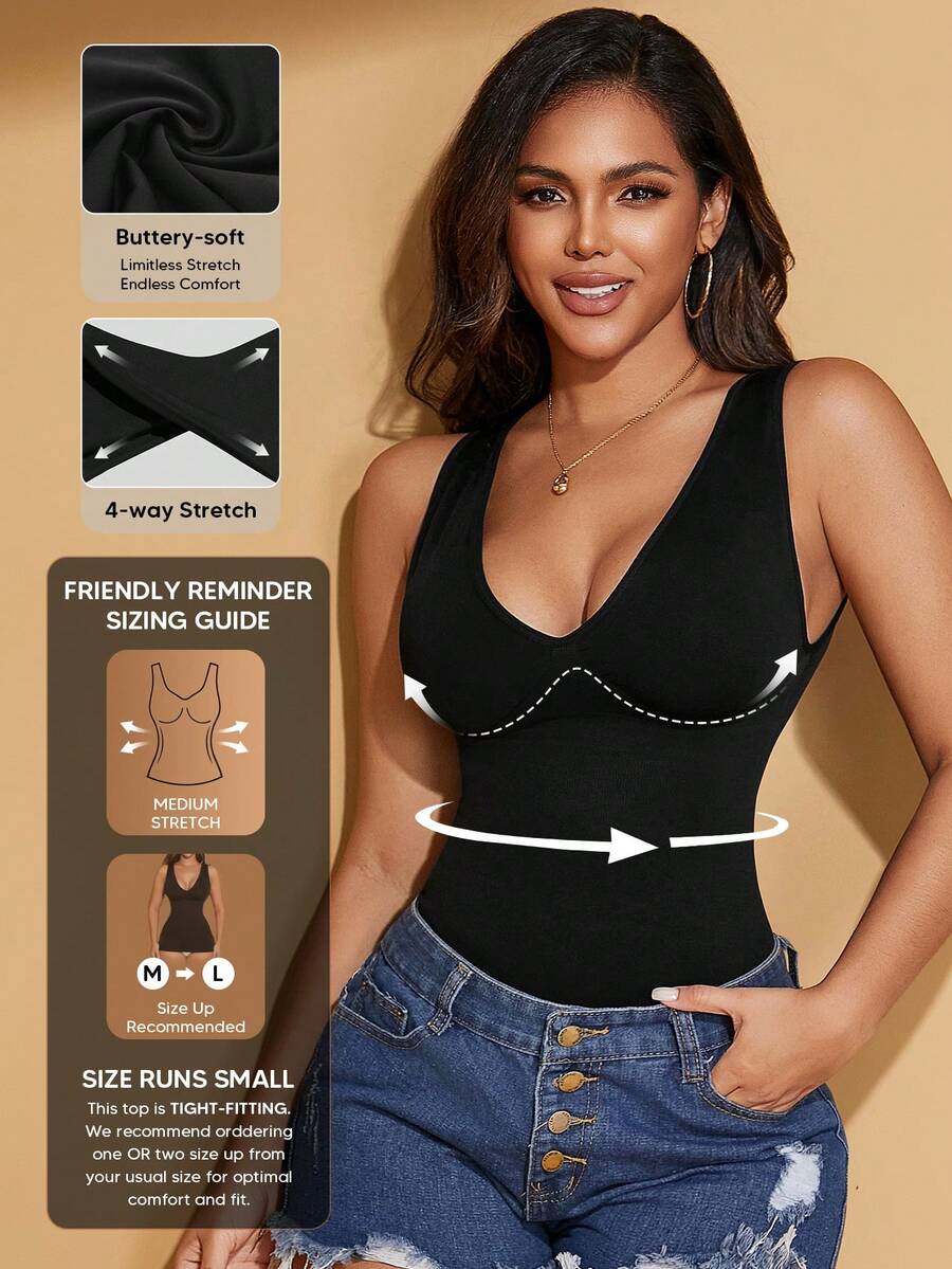 Women's V-Neck Seamless Slimming Sports Camisole Casual Black Summer - Black - View 1