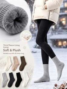 7 Pairs Women Winter Thick Thermal Wool Socks, Soft Knit Solid Color Mid‑Calf Socks, Warm Cozy Casual Socks For Fall Winter - Multicolor - View 2