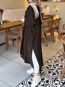 Women's Loose Casual Long Sleeve Collared Long Shirt With Front Buttons, Side Slits And Pockets, Solid Color, For Daily Wear And Dating - Brown - View 5