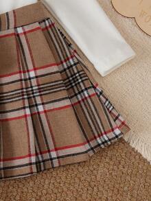 3pcs Baby Girl Gentle Academy Style Plush Plaid Bow Vest + Solid Color Small Stand Collar Long Sleeve Base Layer + Matching Plaid Pleated Skirt Set, Autumn/Winter - Khaki - View 7