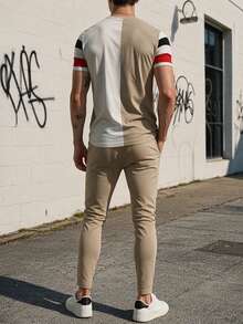 Men's Autumn/Winter Casual Versatile Colorblock Striped Short Sleeve & Long Pants Set - Multicolor - View 4