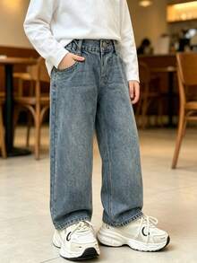 Love Baby 8-11Years Tween Boy Vintage Style Light Wash Wide Leg Jeans, New Sand-Washed Distressed Wash Process, Elastic Waistband, Adjustable Fit, No Zipper Design, Loose Fit Wide Leg Classic Versatile Denim Pants, Suitable For All Seasons - Light Wash - View 15