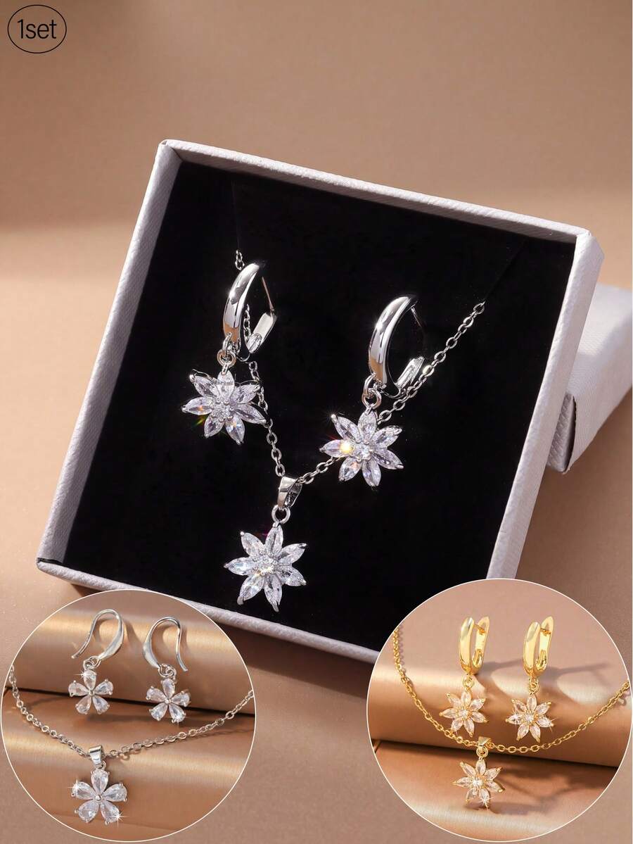 3pcs/Set Exquisite High-End Design Zirconia Inlaid Flower Pendant Necklace & Gold Earrings/Flower Necklace Set Women's Jewelry Accessories Party Decoration Gift